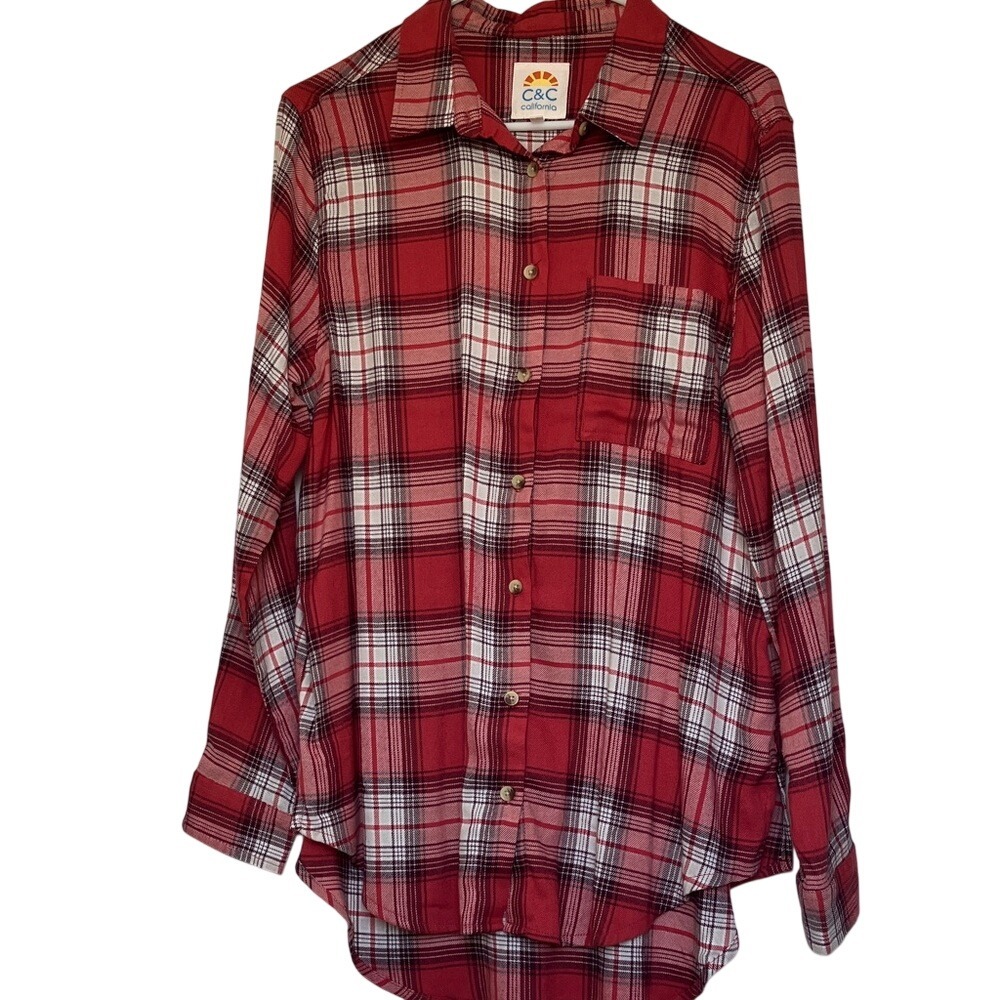 C&C California Womens Red Plaid Button Down Shirt Long Sleeve Rayon Blend Large